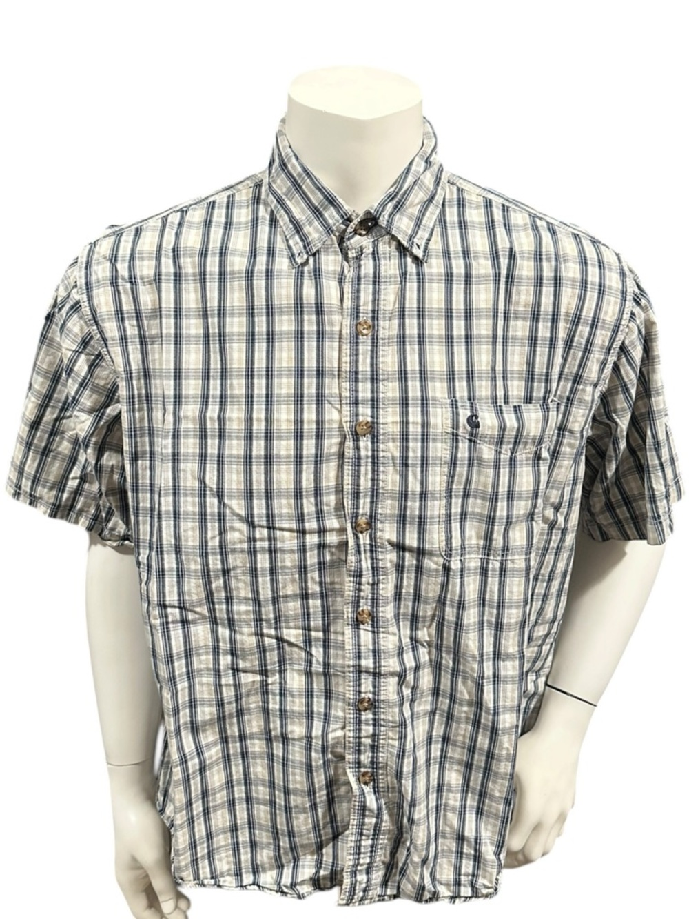 Carhartt Men’s Button Up Shirt Blue White Plaid Logo Short Sleeve XL